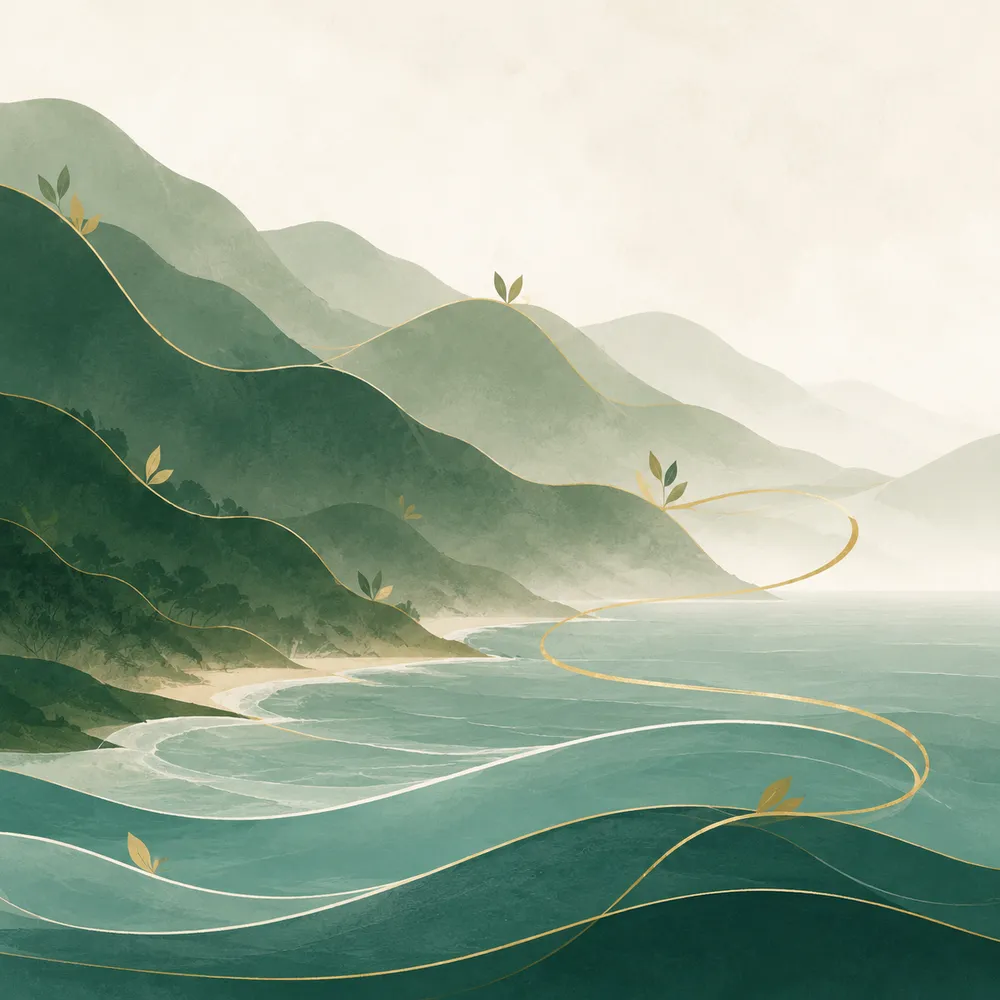 金の線が流れる山と海の風景。環境への配慮を表す絵